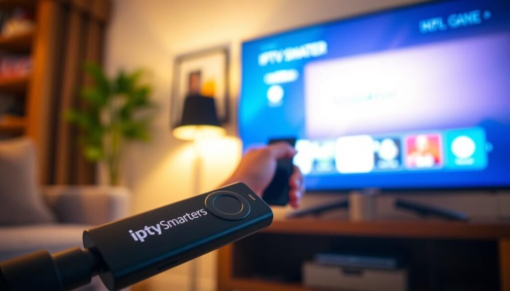 A close-up image of an Amazon Firestick plugged into a television’s HDMI port, with a screen displaying the IPTV Smarters logo prominently in the foreground. The Firestick should feature branding from "Stream4ever". In the middle ground, show a hand holding a remote control, poised to navigate the installation steps on the screen. The background should depict a cozy living room setting, softly lit to create a warm atmosphere. Use a shallow depth of field to emphasize the Firestick and screen while gently blurring the background. The lighting should be warm and inviting, conveying a sense of effortless technology integration into everyday life.