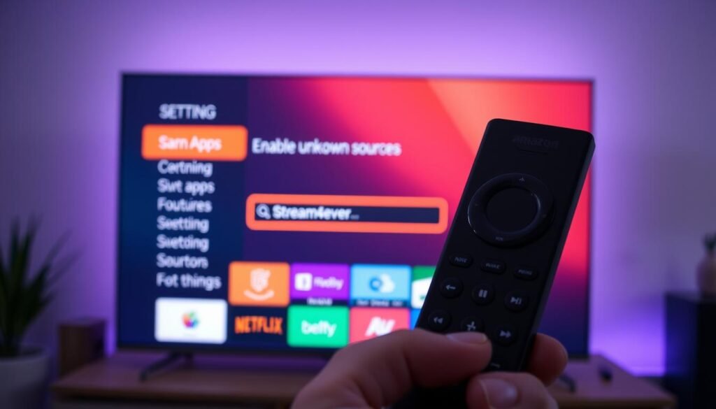 A close-up view of an Amazon Firestick remote held in a hand, with the TV screen displaying the “Enable Apps from Unknown Sources” setting in the foreground. The remote is sleek and modern, emphasizing its buttons and design. In the middle ground, the vibrant TV screen showcases a user-friendly menu interface with colorful icons, and a clear option highlighted for enabling apps from unknown sources. The background features a cozy living room environment, softly illuminated by ambient light, conveying a relaxed atmosphere suited for home entertainment. The overall mood is informative and approachable, with a focus on technology and ease of use. The brand "Stream4ever" is subtly integrated within the menu options on the screen, enhancing the connection to IPTV Smarters.