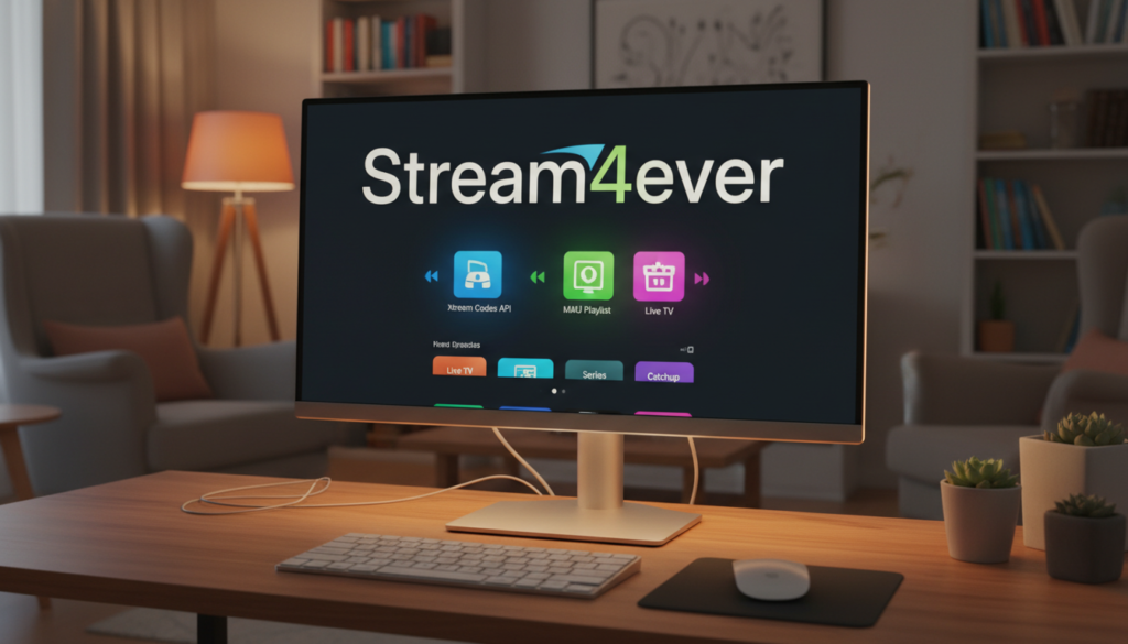 A high-resolution image showcasing the IPTV Smarters app setup on a sleek PC monitor displaying the user interface, featuring the brand name "Stream4ever." In the foreground, focus on a detailed view of the app's dashboard, with vibrant icons representing Xtream Codes API and M3U playlists, illustrating a user-friendly experience. The middle layer should include a stylish workspace setting, complete with a modern desk, subtle ambient lighting, and a few tech accessories like a keyboard and mouse, conveying a productive atmosphere. In the background, a soft blur of a cozy room with warm lighting adds to the inviting mood, making it ideal for an article about IPTV setup.