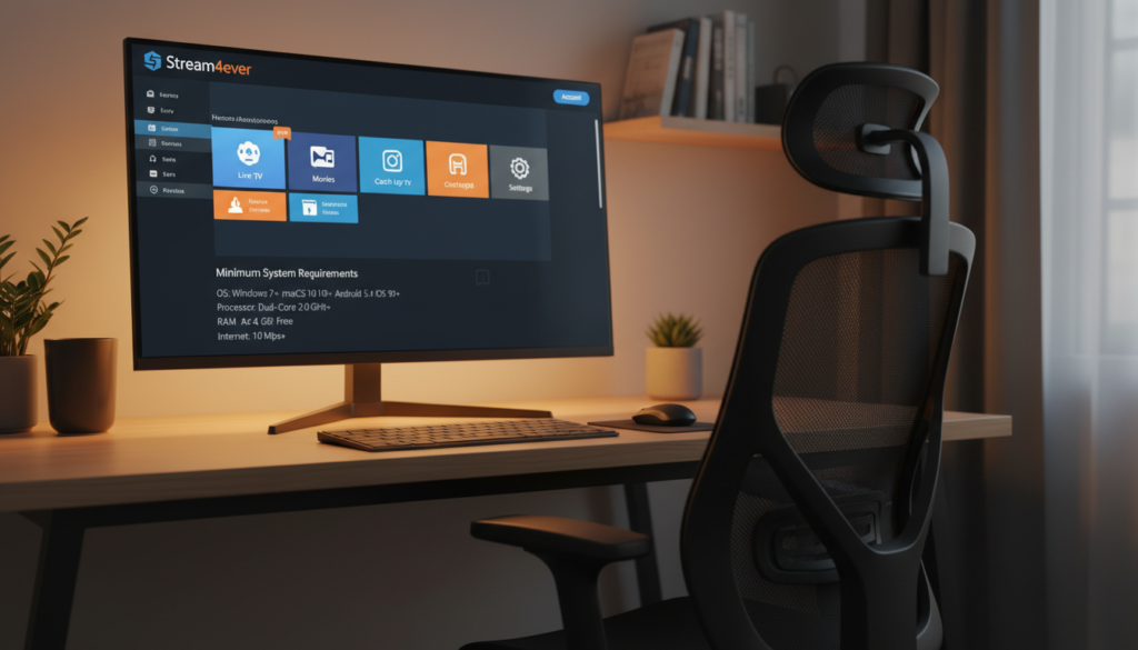 A highly detailed computer setup showcasing the minimum system requirements for the IPTV Smarters app, featuring a large PC screen displaying the Stream4ever brand interface. In the foreground, focus on the vibrant dashboard of the app with crisp graphics, showcasing various streaming options and user settings. The middle ground includes a sleek, modern desktop with a minimalist design and a comfortable ergonomic chair. In the background, a softly lit room with subtle ambient lighting emanates a professional yet inviting atmosphere. Use a shallow depth of field to emphasize the screen while slightly blurring the surroundings. The lighting should have a warm tone, creating a cozy mood, suggesting a perfect environment for enjoying media content. Ensure no text overlays or watermarks are present in the image.