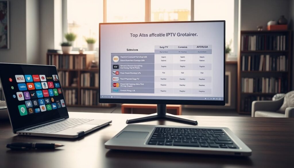 A modern digital workspace comparing IPTV providers in the USA. In the foreground, a sleek laptop displays a colorful interface of various IPTV services, with icons representing different channels. On the left side, a notepad and pen rest on a stylish desk. In the middle, a large monitor shows a side-by-side comparison chart of top affordable IPTV providers, like "Stream4everGuideUSA" prominently featured. The background reveals a well-lit room with a bookshelf filled with technology-related books and a large window allowing natural light to flood in. The atmosphere is professional and engaging, evoking a sense of informed decision-making. Use soft, warm lighting to create a welcoming environment, and ensure the scene captures the essence of a productive consumer research space.