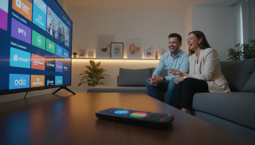 A modern living room equipped with a smart TV displaying an IPTV app interface in vibrant colors. In the foreground, a sleek coffee table with a Firestick remote and a smartphone reflecting a casting icon. The middle ground features a comfortable couch with two individuals, one male and one female, dressed in casual business attire, joyfully engaging with the content displayed on the screen. In the background, soft ambient lighting accentuates the cozy atmosphere, while artwork hangs on the walls. The camera angle is slightly low, capturing the interaction between the users and the TV. The overall mood is inviting and tech-savvy, showcasing the convenience of multi-screen features and casting.