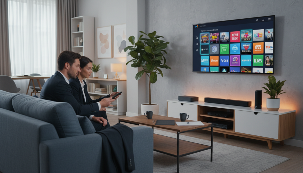 A modern living room setting featuring a sleek Smart TV displaying an IPTV app interface, highlighting vibrant streaming options. In the foreground, a cozy couch with a couple of people in professional business attire, mid-setup, interacting with a remote control and a Firestick device. The middle section showcases a stylish entertainment center, with various streaming devices and a decorative plant, all illuminated by warm, soft lighting to create a welcoming atmosphere. In the background, a tidy room with neutral-toned walls and subtle artwork enhances the feel of a comfortable space ideal for watching content. The scene captures the essence of a smooth streaming experience, focusing on technology and relaxation.