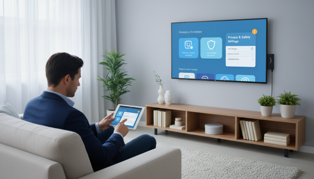 A modern living room showcasing a sleek Smart TV displaying a friendly user interface of an IPTV app. In the foreground, a professional in smart casual attire is attentively reviewing privacy settings on a tablet, with a focused expression. The middle ground features a Firestick plugged into the TV, symbolizing a versatile streaming setup. The background includes minimalist decor, such as a contemporary bookshelf and potted plants, creating a warm and inviting atmosphere. Soft, diffused lighting from a nearby window brightens the scene, enhancing the sense of safety and comfort. The overall mood is one of security and tranquility, reflecting updates in privacy and safety when using streaming services.