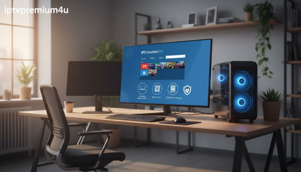 A realistic and professional image showcasing the system requirements and safety aspects of IPTV Smarters Pro on a Windows PC. The foreground features a detailed, screenshot-style representation of the IPTV Smarters Pro interface, clearly illustrating its layout and key functionalities. In the middle ground, include emphasized icons or symbols representing system requirements such as RAM, processor, and storage alongside a security shield symbol for safety. The background should be a sleek, modern office environment with subtle tech-themed decor, softly illuminated by warm lighting for a professional atmosphere. The brand name "iptvpremuim4u" should be integrated into the design, ensuring it's clearly visible but not intrusive. The overall mood should convey reliability and professionalism, with a focus on technology and safety in the digital space.