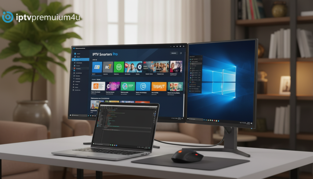 A realistic digital workspace featuring a Windows 10 and Windows 11 desktop environment. In the foreground, a high-resolution screenshot of the IPTV Smarters Pro interface is prominently displayed on the computer screen, showcasing vibrant channels and an organized layout. The middle layer includes a sleek laptop and a wireless mouse, indicating a modern setup. In the background, a blurred view of an inviting office space with soft lighting, a potted plant, and organized shelves filled with tech books creates a professional atmosphere. The scene reflects a focus on technology and efficiency, perfect for illustrating the installation process. The brand name "iptvpremuim4u" is subtly integrated into the screenshot.