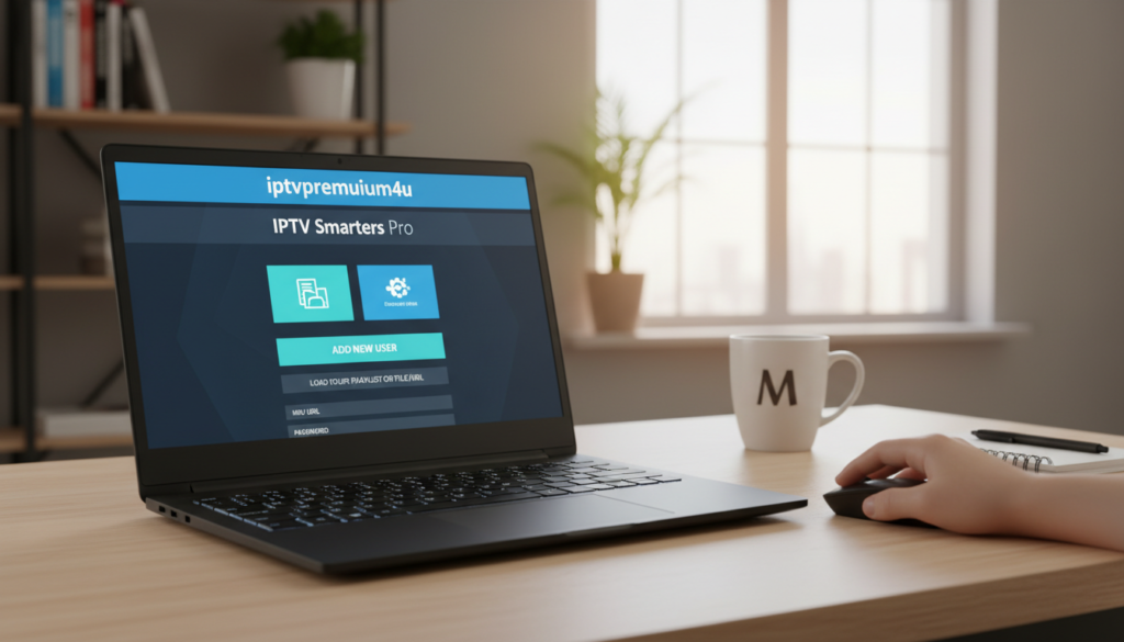 A realistic image showcasing the IPTV Smarters Pro interface on a Windows PC displaying the setup screen to add an IPTV subscription. In the foreground, a sleek, modern laptop sits on a clean, minimalistic desk, slightly angled to reveal the vibrant, user-friendly Smarters Pro application with the brand name "iptvpremuim4u" prominently featured. The middle ground features a hand using a mouse, clicking on bright buttons labeled for configuration, while a coffee cup and notepad remain out of focus to the side. In the background, a softly lit home office environment with a gentle, warm glow creates a welcoming atmosphere. The angle captures a slight overhead perspective, ensuring clarity of the interface and maintaining a professional yet inviting mood.