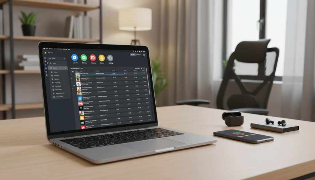 A realistic screenshot-style image depicting the IPTV Smarters Pro interface on a Mac computer screen. The foreground focuses on a well-lit MacBook with a sleek design, showcasing the IPTV Smarters Pro application in full view, complete with vibrant icons and an organized layout. In the middle ground, a stylish, minimalistic desk setup includes a smartphone displaying the "Stream4ever" logo and a few other relevant tech accessories. The background features a softly blurred home office environment, with warm lighting and modern decor, creating a professional and inviting atmosphere. Capture a clear angle that highlights the screen while ensuring the overall composition feels balanced and engaging. A realistic screenshot-style image depicting the IPTV Smarters Pro interface on a Mac computer screen. The foreground focuses on a well-lit MacBook with a sleek design, showcasing the IPTV Smarters Pro application in full view, complete with vibrant icons and an organized layout. In the middle ground, a stylish, minimalistic desk setup includes a smartphone displaying the "Stream4ever" logo and a few other relevant tech accessories. The background features a softly blurred home office environment, with warm lighting and modern decor, creating a professional and inviting atmosphere. Capture a clear angle that highlights the screen while ensuring the overall composition feels balanced and engaging.