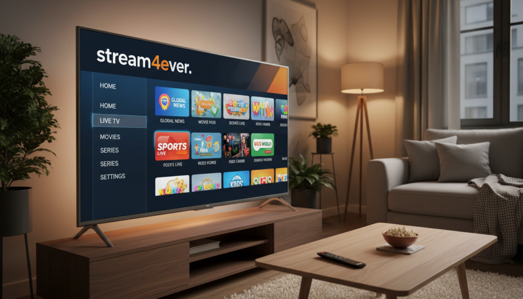 A realistic screenshot-style image showcasing the IPTV Smarters Pro interface on a smart TV screen prominently displaying the brand name "stream4ever." In the foreground, the sleek design of the smart TV, showcasing vibrant channel options and an intuitive user interface. In the middle ground, a user-friendly remote control sits on a stylish coffee table, emphasizing ease of use. The background features a cozy living room setting with soft, ambient lighting that creates a warm atmosphere, making it inviting for viewers. The scene captures the essence of setting up IPTV Smarters Pro on supported devices, conveying a sense of modernity and accessibility. Use a wide-angle perspective for a comprehensive view of the setup environment.