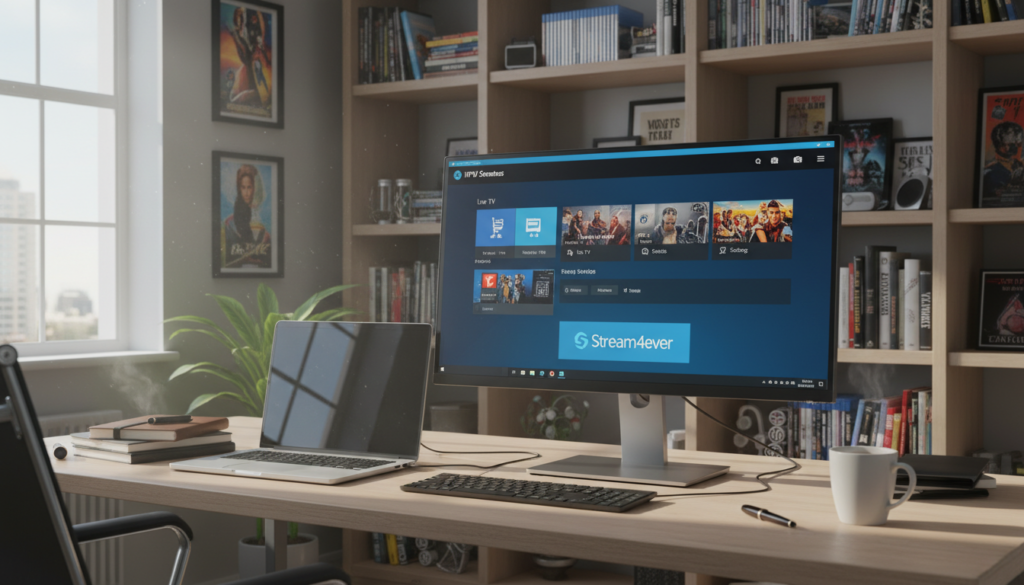 A sleek, modern home office scene featuring a Windows PC with a vibrant display of the IPTV Smarters app interface. The screen prominently shows the IPTV Smarters dashboard, including various streaming options and a user-friendly menu, branded with "Stream4ever". In the foreground, a well-organized desk with a laptop, notebooks, and a cup of coffee reflects productivity. In the middle ground, a window allows natural light to stream in, casting soft shadows and creating a warm atmosphere. The background features a bookshelf with technology and entertainment-related items, enhancing the office vibe. Overall, the mood is focused and inviting, suitable for a tech-savvy audience looking to install IPTV Smarters. The image should be bright, utilizing balanced lighting to emphasize clarity and detail without any text overlays or distractions.