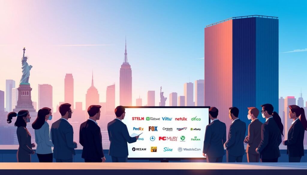 A sleek, modern illustration showcasing the top IPTV providers in the USA, featuring a vibrant urban skyline in the background with iconic landmarks like the Statue of Liberty and skyscrapers. In the foreground, a diverse group of professionals in business attire gather around a digital screen displaying logos of notable IPTV providers, including "Stream4everGuideUSA". Soft, ambient lighting casts a warm glow, creating a dynamic atmosphere of innovation and connectivity. The perspective is slightly elevated, suggesting a view from a rooftop, with a clear blue sky above. Incorporate elements like digital connectivity symbols, ensuring the image reflects a sense of advancement and technology in the IPTV landscape. A sleek, modern illustration showcasing the top IPTV providers in the USA, featuring a vibrant urban skyline in the background with iconic landmarks like the Statue of Liberty and skyscrapers. In the foreground, a diverse group of professionals in business attire gather around a digital screen displaying logos of notable IPTV providers, including "Stream4everGuideUSA". Soft, ambient lighting casts a warm glow, creating a dynamic atmosphere of innovation and connectivity. The perspective is slightly elevated, suggesting a view from a rooftop, with a clear blue sky above. Incorporate elements like digital connectivity symbols, ensuring the image reflects a sense of advancement and technology in the IPTV landscape.