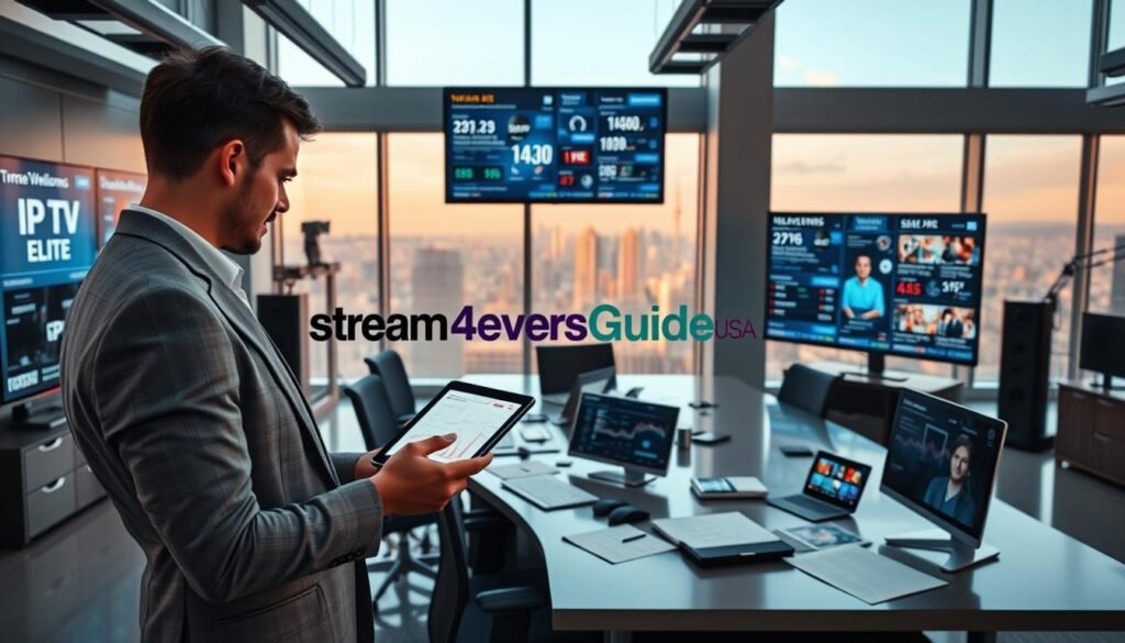 A sleek, modern office environment filled with high-tech equipment and large screens displaying streaming statistics and user reviews. In the foreground, a well-dressed professional reviews the “Stream4everGuideUSA” logo and compares data on a tablet, showing focus and expertise. In the middle, a stylish desk is organized with paperwork and digital devices showcasing various IPTV interfaces and performance metrics. The background features large windows with a view of a city skyline, illuminated by soft afternoon light, creating a productive and dynamic atmosphere. The mood is analytical yet engaging, highlighting the evaluation of elite IPTV services. Captured from a slightly elevated angle, this setup embodies professionalism and innovation without distractions, ensuring clarity and focus on the subject matter.