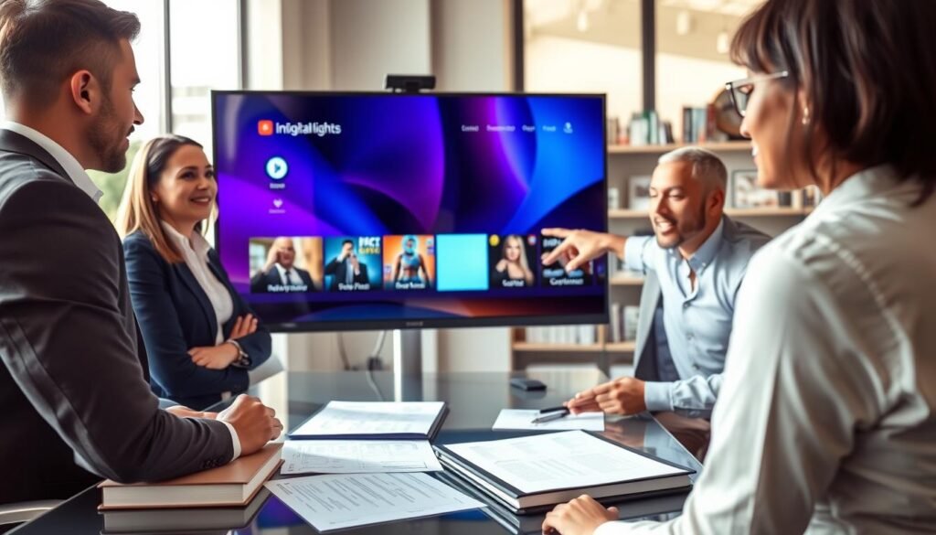 A sleek, modern office environment showcasing a large, high-resolution computer screen displaying a vibrant IPTV interface featuring various channels and options. In the foreground, a diverse group of three professionals, dressed in smart business attire, are engaged in a discussion about IPTV technology, with one pointing at the screen, highlighting its legal and secure features. The middle ground features a stylish desk with legal documents and guidelines on digital content consumption. The background contains shelving with books on digital rights and technology. Soft, natural lighting streams through large windows, creating a warm, inviting atmosphere that emphasizes professionalism and trust. The mood is collaborative and informative, emphasizing security, legality, and best practices in IPTV usage.