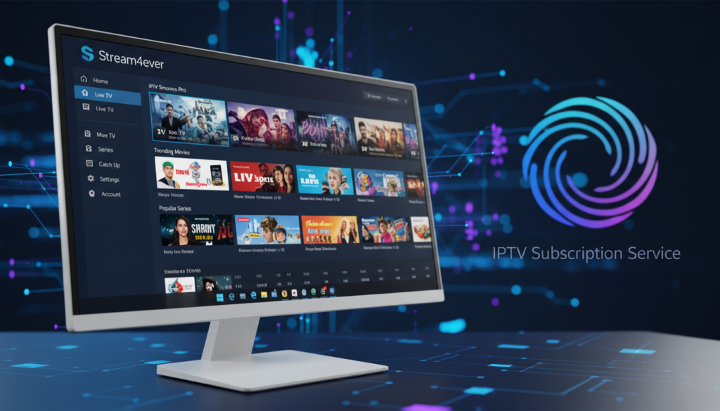 A visually engaging comparison image showcasing the IPTV Smarters Pro app interface on a Windows PC screen, detailed and realistic in style. In the foreground, display the IPTV Smarters Pro application interface, highlighting its sleek design and user-friendly menu options. The background should feature a blurred abstract representation of an IPTV subscription service logo, emphasizing the contrast between the app and the service. Use bright and vibrant lighting to create a modern, tech-savvy feel, and employ a slight angle to the desktop view to enhance depth. Incorporate the brand name "Stream4ever" prominently within the app interface. The overall atmosphere should be informative yet inviting, underscoring the difference between the two offerings, appealing to tech enthusiasts and casual users alike. A visually engaging comparison image showcasing the IPTV Smarters Pro app interface on a Windows PC screen, detailed and realistic in style. In the foreground, display the IPTV Smarters Pro application interface, highlighting its sleek design and user-friendly menu options. The background should feature a blurred abstract representation of an IPTV subscription service logo, emphasizing the contrast between the app and the service. Use bright and vibrant lighting to create a modern, tech-savvy feel, and employ a slight angle to the desktop view to enhance depth. Incorporate the brand name "Stream4ever" prominently within the app interface. The overall atmosphere should be informative yet inviting, underscoring the difference between the two offerings, appealing to tech enthusiasts and casual users alike.