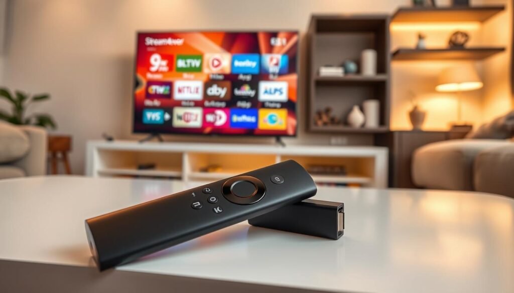 Close-up view of an Amazon Firestick device with a sleek design, placed on a modern living room coffee table, surrounded by a smart TV and remote control. In the background, a cozy ambiance with warm lighting highlights a comfortable sofa and a few decorative items on shelves. The Firestick is connected to the TV, which displays a vibrant interface with icons of popular streaming apps, including the "Stream4ever" logo subtly visible. The lighting should emphasize the high-tech feel of the device, with soft shadows enhancing the contours of the setup. The atmosphere is warm, inviting, and tech-savvy, evoking a sense of excitement about IPTV Smarters installation and compatibility checks.