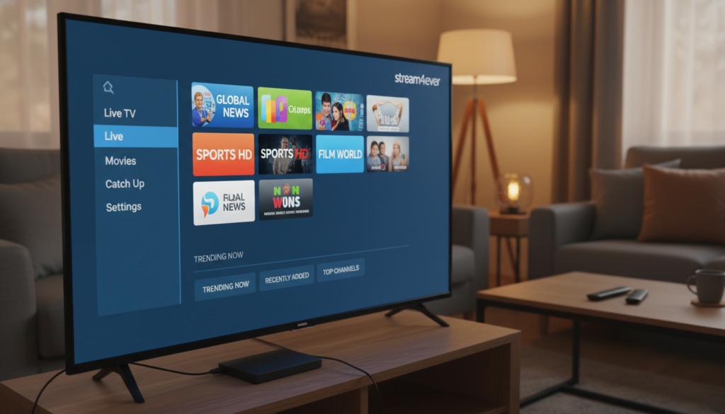Create a realistic screenshot-style image showcasing the IPTV Smarters Pro interface on a sleek Firestick device. In the foreground, display the Firestick prominently connected to a modern television with vivid colors. The middle ground should feature a clear and detailed view of the IPTV Smarters Pro interface, highlighting features such as live TV options, streaming categories, and a user-friendly layout. The background should depict a cozy living room setting, with warm lighting to evoke a welcoming atmosphere. The scene should be arranged from a slightly high angle, capturing a comprehensive view of the Firestick and interface, ensuring clarity and focus on the technology. Incorporate the brand name "stream4ever" within the interface design naturally, maintaining a professional presentation throughout.