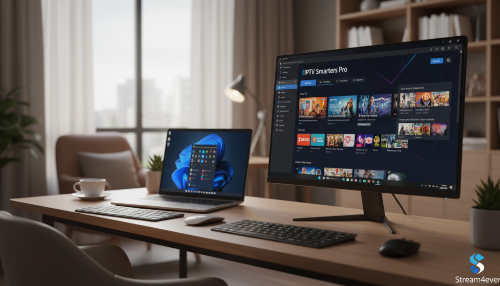 Visualize a modern desktop setup showcasing a Windows 10 or Windows 11 environment. In the foreground, display a realistic screenshot of the IPTV Smarters Pro interface, with vibrant color schemes and user-friendly navigation elements. On the side, include a small logo of "Stream4ever" subtly integrated into the image to signify the brand. The middle ground features a sleek laptop or monitor, angled slightly to reveal the screen prominently while maintaining a sense of depth. In the background, soft ambient lighting casts a warm glow, with hints of a cozy home office setting, suggesting productivity and ease of use. The overall mood is inviting and professional, ideal for readers seeking to enhance their IPTV experience. Visualize a modern desktop setup showcasing a Windows 10 or Windows 11 environment. In the foreground, display a realistic screenshot of the IPTV Smarters Pro interface, with vibrant color schemes and user-friendly navigation elements. On the side, include a small logo of "Stream4ever" subtly integrated into the image to signify the brand. The middle ground features a sleek laptop or monitor, angled slightly to reveal the screen prominently while maintaining a sense of depth. In the background, soft ambient lighting casts a warm glow, with hints of a cozy home office setting, suggesting productivity and ease of use. The overall mood is inviting and professional, ideal for readers seeking to enhance their IPTV experience.