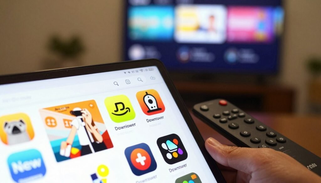 A detailed and visually engaging depiction of the Amazon App Store home screen as it appears on a Firestick device, highlighting the "Downloader" app for installation. In the foreground, focus on the vibrant, colorful interface of the app store, showcasing various app icons with a prominent emphasis on the "Downloader" app icon, visually distinguished by its bright colors. In the middle ground, include a Firestick remote partially visible to suggest user interaction. The background features a modern living room setting with a TV displaying the app interface, soft lighting indicating a cozy atmosphere. Aim for a warm, inviting mood that conveys ease of access and simplicity in the installation process. Capture this scene from a slightly angled perspective to emphasize the app selection process, ensuring clarity and realism while avoiding any text or logos besides the app icons.