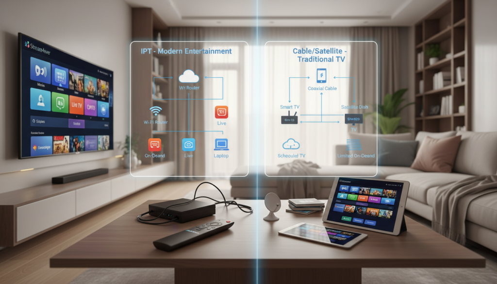 A dynamic comparison scene illustrating IPTV versus cable and satellite services. In the foreground, a sleek, modern living room showcases a large flat-screen TV displaying a vibrant IPTV interface with diverse streaming options. On the table, a remote control labeled "Stream4ever" lies next to a traditional cable box and satellite dish, highlighting the differences in technology. The middle ground features an overview of both subscription plans and interconnected devices, such as smartphones and tablets seamlessly streaming content. The background reveals a warm and inviting atmosphere, illuminated by soft, natural light filtering through a window. The overall mood is contemporary and engaging, emphasizing innovation and convenience in home entertainment. Lens perspective captures the essence of a bustling home while focusing on the detailed contrasts between IPTV and traditional services.