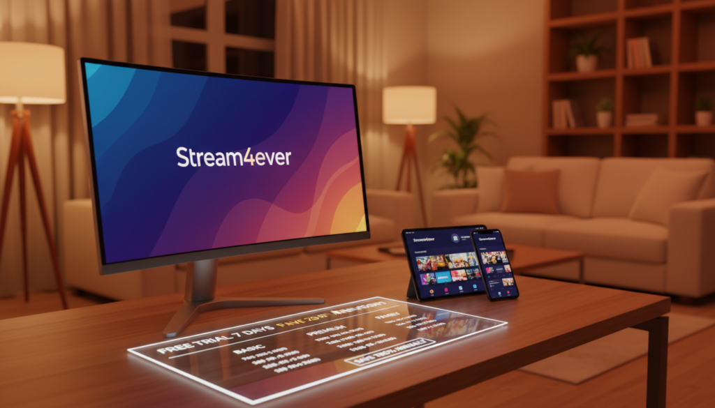 A modern digital workspace showcasing the latest IPTV service offerings for 2026. In the foreground, a sleek computer monitor displays a colorful and user-friendly IPTV interface, featuring the brand name "Stream4ever". Below the screen, a clear pricing table details various subscription plans and trial offers. In the middle ground, a stylish tablet and smartphone are positioned to illustrate device compatibility, displaying streaming options that include sports, movies, and live channels. The background shows a contemporary home environment, with soft lighting and a cozy atmosphere conducive to entertainment. Use a warm color palette to evoke a feeling of comfort and innovation. Capture the scene from an angle that highlights all elements, ensuring a balanced composition without text or logos.