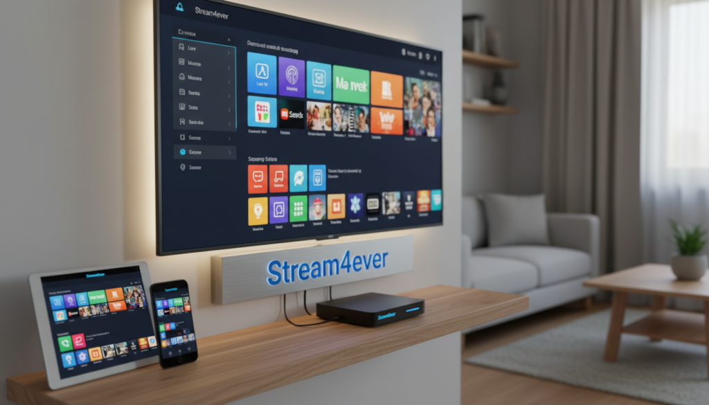 A modern electronics setup showcasing various supported devices for IPTV streaming, with the brand "Stream4ever" prominently displayed. In the foreground, feature a sleek Smart TV displaying an IPTV interface with vibrant colors and a user-friendly layout. To the left, include a tablet and a smartphone, both showing compatible IPTV apps with icons clearly visible. In the middle ground, incorporate a streaming device, like a set-top box, elegantly integrated into the scene. In the background, create a cozy living room atmosphere with warm lighting, inviting furniture, and a minimalist design. Use a shallow depth of field to focus on the devices while softly blurring the background. The overall mood should convey a sense of modern convenience and digital lifestyle, highlighting the versatility of IPTV solutions.