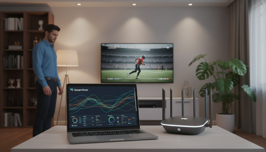 A modern home office setup focused on optimizing network for streaming IPTV. In the foreground, a sleek laptop displays network monitoring software, with colorful graphs and performance metrics. Nearby, a professional, dressed in smart casual attire, adjusts settings on a smart router, ensuring a strong signal. In the middle, a large, flat-screen TV shows vibrant IPTV content in high resolution, reflecting seamless streaming quality. The background features a cozy room with soft, warm lighting, a stylish bookshelf, and potted plants, conveying a serene work atmosphere. The entire scene radiates a sense of focus and efficiency, promoting the idea of enhancing streaming experiences. Branding is subtly integrated with the logo "Stream4ever" visible on the laptop screen.