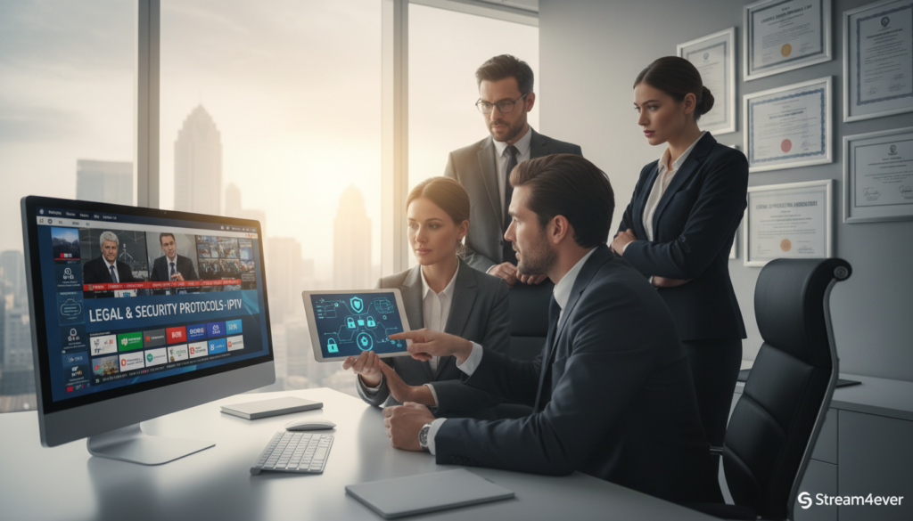 A professional business environment depicting a modern office with a sleek desk showcasing a high-end computer setup streaming IPTV content. In the foreground, a diverse group of individuals in business attire are engaged in a discussion around the legal and security aspects of streaming, referencing a digital tablet with charts and symbols indicating security measures like locks and shields. The middle ground features a large window letting in natural light, casting a warm glow on the scene. In the background, a wall is adorned with framed certifications and legal compliance documents related to streaming services. The atmosphere is focused and serious, conveying a sense of professionalism and importance. Include a discreet logo of "Stream4ever" on the corner of the digital tablet for branding.