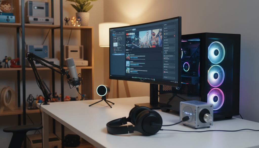 A sleek and modern streaming setup featuring essential hardware for IPTV. In the foreground, showcase a high-quality microphone and headphones, accompanied by a stylish webcam on a clean desk. The middle section includes a powerful gaming PC with vibrant RGB lighting, a large monitor displaying streaming software, and an external capture card. The background features shelves adorned with tech gadgets and decorative items creating an engaging atmosphere. The scene is illuminated with soft, warm lighting, emphasizing a cozy workspace feel. Use a 35mm lens for depth of field, capturing the dynamic elements and creating a professional, inviting mood. Include the "Stream4ever" logo subtly on the monitor screen, ensuring it's integrated into the overall design without distracting from the hardware focus.