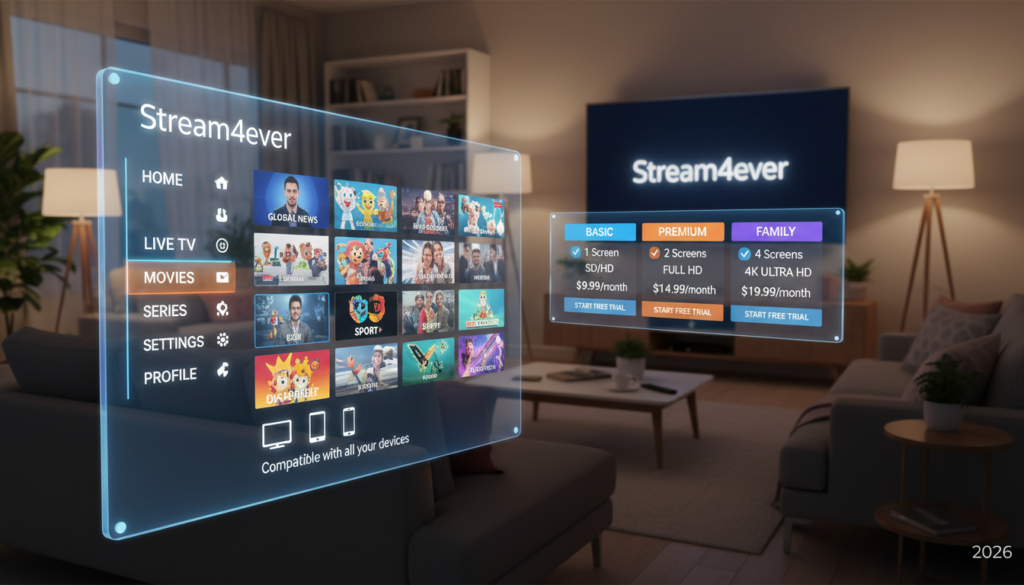 A sleek, modern IPTV interface showcasing the features of "Stream4ever", positioned in the foreground for emphasis. The interface should display vibrant channel options, a user-friendly menu, and compatibility icons for various devices like smart TVs, tablets, and smartphones. In the middle ground, include a well-organized pricing table highlighting different subscription plans in an attractive layout. The background should feature a cozy living room setting with a large television displaying the Stream4ever logo, ambient lighting creating a welcoming atmosphere. Use soft, diffuse lighting to add depth and warmth to the scene, captured from a slightly angled perspective. The overall mood should be tech-savvy and inviting, reflecting the future of streaming in 2026.